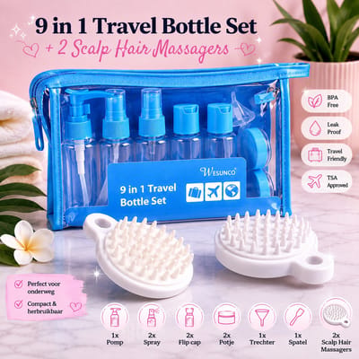 9-in-1 Reisflesjes Set met 2 Scalp Hair Massagers – TSA Goedgekeurd – Voor Handbagage en Vliegreizen – Hervulbaar – Lekvrij – Transparant Reisetui