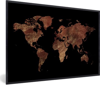 Poster in lijst - Fotolijst 120x80 cm - Posters - Wereldkaart - Rood - Goud - Posterlijst zwart - Decoratie - Wanddecoratie woonkamer - Muurdecoratie slaapkamer