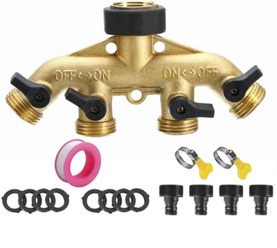 Watersplitser - 4-weg Kraan Verdeler met Afsluiters - Onafhankelijke regelklep - Meerdere aansluitingen mogelijk - Lekvrije afdichting - Geel Messing - 3/4" & 1/2" Adapters - Voor Tuinslang & Irrigatie