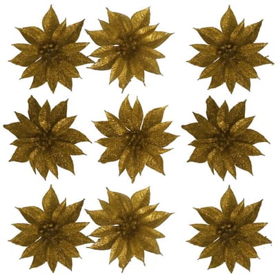 Kerstboomversiering Bloemen - 12x stuks - 9 cm - goud glitter - op clip