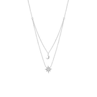 Lucardi Dames Ketting layering halve maan/galaxy ster - Echt Zilver - Ketting - Cadeau - 45 cm - Zilverkleurig