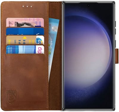 Rosso Deluxe Echt Leer Book Case Hoesje Geschikt voor Samsung Galaxy S23 Ultra | Ruimte voor drie pasjes | Portemonnee Book Case | Met Pasjeshouder | Bruin