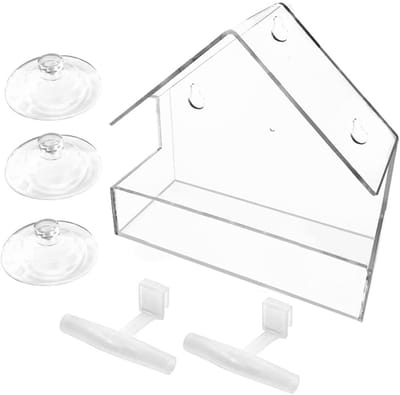 Famanu – Vogelvoederhuis voor raam - 4 stuks - vogelhuis voor buiten met 4 stangen - kleine acryl venster vogelvoeder met sterke zuignappen en afvoergaten 15 x 6 x 15 cm