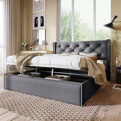 Sweiko Hydraulisch Tweepersoonsbed Kussen bed 140x200cm, bed met metalen frame Platte noedelsvoet, moderne bedplaats met opbergruimte, katoen, Grijs