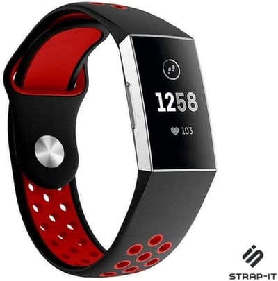 Strap-it Siliconen sport bandje - geschikt voor Fitbit Charge 3 / Fitbit Charge 4 - zwart/rood - Maat: Maat L