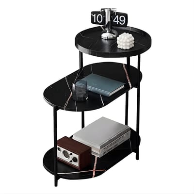 Nachtkastje - Voor Slaapkamer & Woonkamer - 3-laags Modern Bijzettafeltje met Marmerlook en Opbergplank - Eenvoudige Montage - Zwart