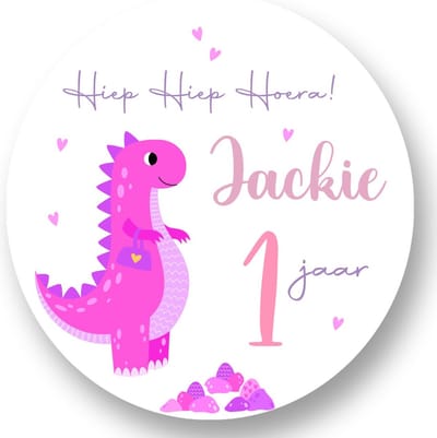 20x Dinosaurus Roze Stickers met Naam en Leeftijd - Verjaardag Meisjes - Dino - Traktatiestickers met naam - Gepersonaliseerd - Sluitstickers - Kinderfeest Traktatie - Uitdelen - Uitdeeltraktatie - Wensetiket - Rond - 40mm - Glossy sticker