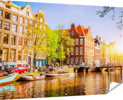 Gards Tuinposter Amsterdamse Gracht tijdens Zonsondergang - 180x120 cm - Tuindoek - Tuindecoratie - Wanddecoratie buiten - Tuinschilderij