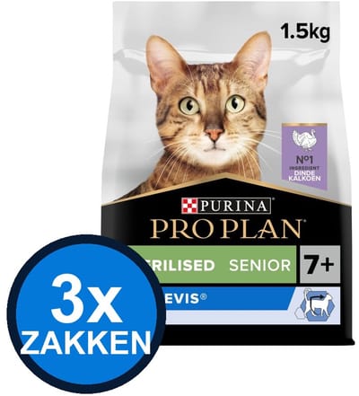 3x Pro Plan - Senior 7+ Sterilised Longevis Kalkoen - Kattenvoer Droogvoer - 1.5 kg