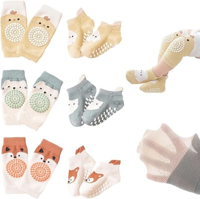 Antislipsokken voor baby's - vloersokken - peutersokken - kniebeschermers - set van 3 kniebeschermers en 3 sokken - geschikt voor baby's van 6-12 maanden