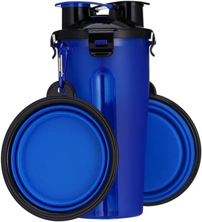 Honden Drinkfles en Voedselcontainer, Draagbare 2-in-1 Waterfles met 2 Opvouwbare Kommen, Lekvrije Fles voor Reizen, Kamperen en Wandelen