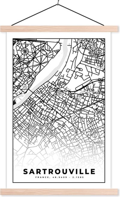 Posterhanger incl. Poster 40x60 cm - Schoolplaat - Stadskaart - Plattegrond - Sartrouville - Kaart - Frankrijk - Zwart wit - Textielposter - Blanke latten - Stadskaart