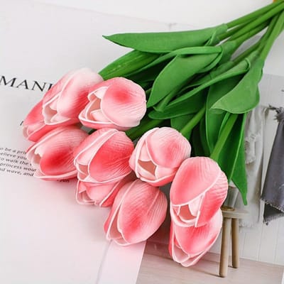 15 Stuks 13,4 Inch Nep Tulpen Kunstbloemen Echte Aanraking PU Bloemen voor Huisdecoratie Bruidsboeket Decoratie Bloemstuk 15pcs roze