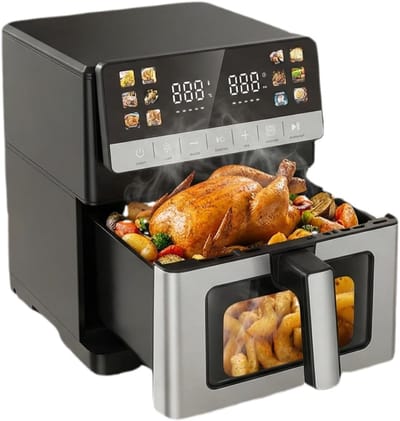 Heteluchtfriteuse XXL - Airfryer Keukenapparaat - Vetarm Koken - Twee Verwarmings-elementen - 10 Liter Capaciteit - Zilver Vierkant