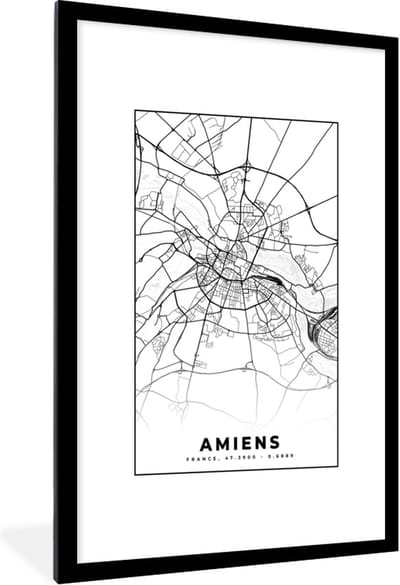 Fotolijst incl. Poster Zwart Wit- Plattegrond - Amiens - Kaart - Frankrijk - Stadskaart - Zwart wit - 80x120 cm - Posterlijst