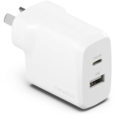 Cygnett PowerPlus 2-Poorts Oplader (32W) – Compact en Draagbaar – Geschikt voor Telefoons, Tablets en Oordopjes – Ondersteunt Power Delivery 3.0 - Wit
