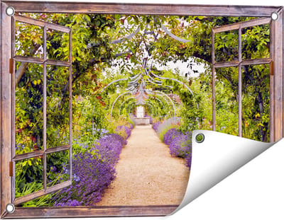 Gards Tuinposter Doorkijk Lavendel Pad - 60x40 cm - Tuindoek - Tuindecoratie - Wanddecoratie buiten - Tuinschilderij