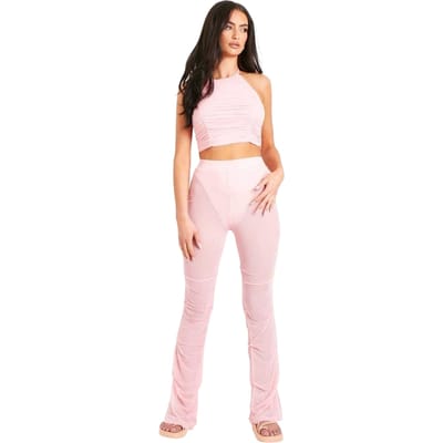 Missy Empire Wijd uitlopende broek van mesh voor dames (Roze)
