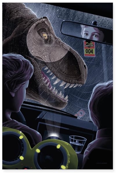 Jurassic Park Ontmoeting Met De T-Rex In De Auto Poster 60x90 cm