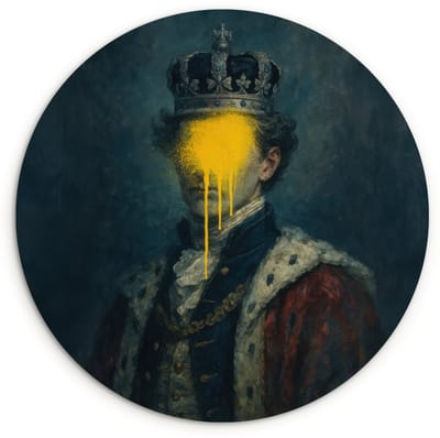 WallCircle® Wandcirkel 120x120 cm - Muurcirkel Koning - Portret - Druipende gele verf - Muurdecoratie woonkamer - Wanddecoratie slaapkamer - Kamer decoratie accessoires - Ronde schilderijen XXL