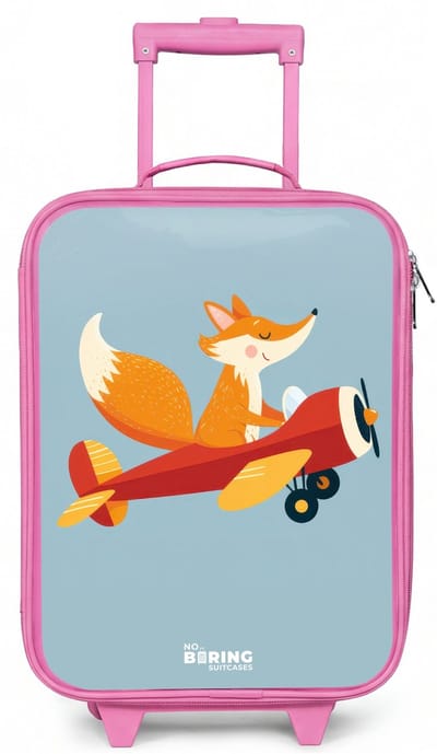 NoBoringSuitcases.com® - Kinderkoffer roze - Kindertrolley meisje - Vos - Vliegtuig - Vliegen - Koffer kind lichtgewicht - Reiskoffer trolley voor kinderen - Koffertje met lichtgevende wieltjes - Rolkoffer