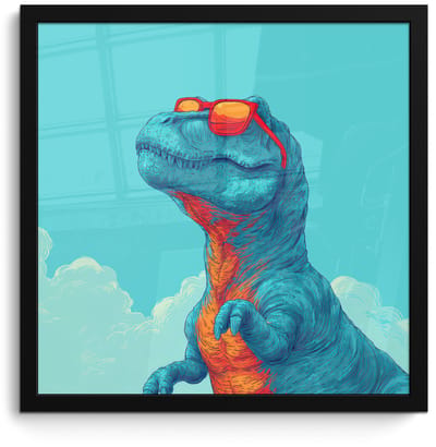 Poster in lijst - Fotolijst 40x40 cm - Posters - T-Rex - Blauw - Wolken - Zonnebril - Posterlijst zwart - Decoratie - Wanddecoratie woonkamer - Muurdecoratie slaapkamer