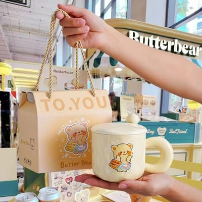 Schattige Butter Bear Keramische Mok met Deksel Lepel voor Meisjes Kantoor Ontbijt Koffie Drinkbeker Praktisch Cadeau 301-400ml