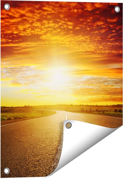 Gards Tuinposter Zonsondergang Over de Weg met een Rode Lucht - 40x50 cm - Tuindoek - Tuindecoratie - Wanddecoratie buiten - Tuinschilderij