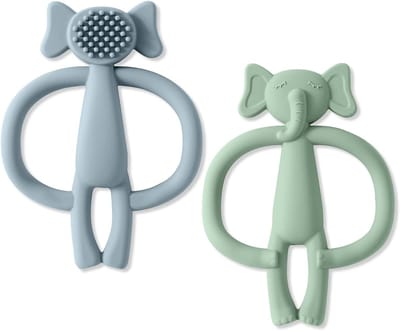Baby Bijtringen Set van 2 Stukken, Siliconen Bijtringen voor 3-9 Maanden, Veilig Tandjes Hulp en Kindertandenborstel, BPA-vrij, Perfect voor Jongens en Meisjes