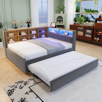 PHOEBE CAT Slaapbank - 140*200 cm - Uitschuifbaar bed - LED-verlichting - Oplaadfunctie - Boekenplank - Grijs