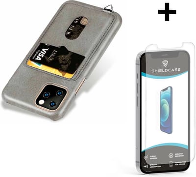 ShieldCase Vintage case met pasjeshouder geschikt voor Apple iPhone 12 / 12 Pro 6.1 inch - telefoonhoesje met ruimte voor pasjes - grijs + glazen Screen Protector