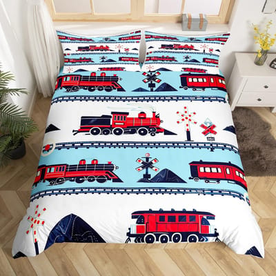 Vintage Stoomtrein Dekbedovertrek Cartoon Klassiek Spoorweg Retro Beddengoed Set Cadeau voor Meisjes Jongens Reis Locomotief Trein Bed Overtrek EU Single(135*200cm)3pcs
