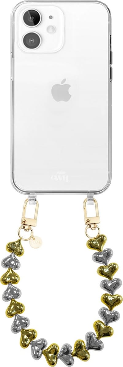 xoxo Wildhearts siliconen hoesje geschikt voor iPhone 12 hoesje - Funky Hearts - Telefoonhoesje - Hoesje met koord - Goud / Zilver koord - kort telefoonkoord - Hartjes ketting - Transparant hoesje