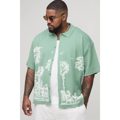 Plus Relaxed Palm Print Jacquard Gebreide Overhemd | Sage | Size 2XL