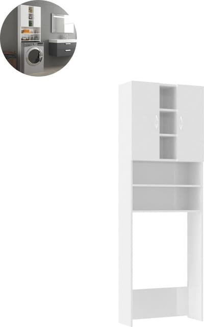 Wasmachine ombouw - Kast - Opbouwmeubel - Verhoger - Wasmachine meubel - Opbergkast - Hout - 64x25,5x190 cm - Hoogglans Wit