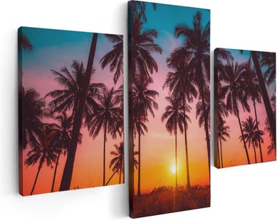 Artaza Canvas Schilderij Drieluik Palmbomen op het Strand bij Zonsondergang - 90x60 - Foto Op Canvas - Canvas Print