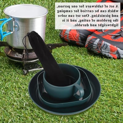 Set van camping borden en kommen met koffiemok, inclusief bestekset met lepel, vork en mes voor thuis, buiten, picknick en kamperen