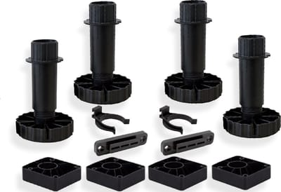 Stelpoten / Meubelpoten - 200mm (4x) - Inclusief 4 Montageblokken, 2 Plintclippen & 2 Plintclip Montageplaten - Draaggewicht 450kg - Kunststof - Pootjes voor keukens