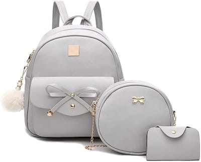 KZQ Mini rugzakset 3 stuks voor dames - PU leren tas met strikje en opbergvak voor telefoon pasjes - Cute casual daypack voor reizen feestjes en dagelijks gebruik - Grijs