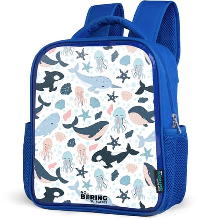 NoBoringSuitcases.com® - Rugzak blauw - Schooltas jongens - Zeedierenpatroon met walvissen, kwallen en orka's - Kinder rugtas jongen - Boekentas kind - Kinderrugzak voor school - Schoolrugzak