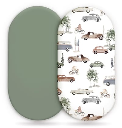 Hydrofiele Baby Hoeslaken Wieg - Hoes voor babymatras - set van 2 - 82x41 cm - mousseline wieglaken - wieghoes - kinderwagen matrashoes - groen + auto, 82 * 41cm