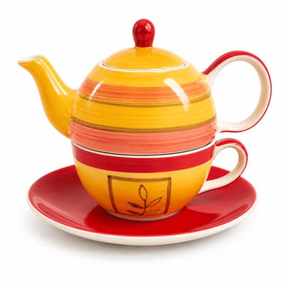 Tea for One Solara - Handgeschilderde Keramieken Theeset voor 1 Persoon - Theepot met Kop en Schotel - Geel Oranje Rood