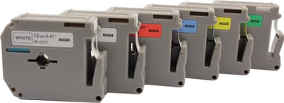 KATRIZ® huismerk label tape voor Brother | PT-65/70/80/90/M102 | 2x M-K231(Zwart op Wit) + 1x M-K431(Zwart op Rood) + 1x M-K531(Zwart op Blauw) + 1x M-K631(Zwart op Geel) + 1x M-K731(Zwart op Groen) | 12mm*8m | 6 stuks