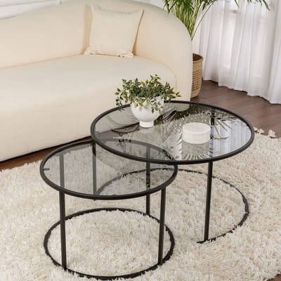 Dimehouse Moderne Ronde Salontafel Set van 2 Uru Zwart - Grijs Glas - 80/60 cm - 80 x 80 x 43 cm - Glas - Scandinavisch & Basic - Ovaal