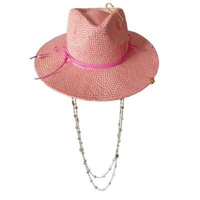 Chapeau de paille rose pêche Design de lettre fait main Chapeau Chaîne de perles Chapeau de soleil d'été Nouveau chapeau à lettres Plage Femmes Gorras Para Hombres 56-58cm brown