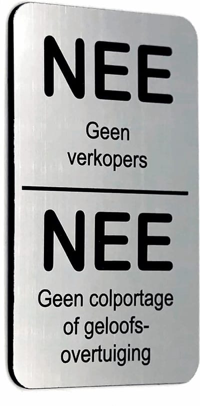 NEE Geen verkopers NEE Geen colportage of geloofsovertuigingen - Brievenbus Sticker - RVS Look - incl. 3M-tape plakstrip - 50 mm x 80 mm x 1,6 mm - Namengigant
