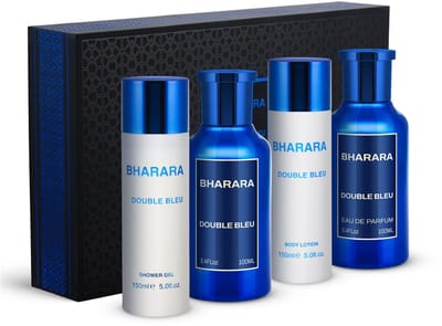 Bharara - Double Bleu Giftset - Men - Eau De Parfum 100 ml - Aftershave 100 ml - Body Lotion 150 ml - Douche Gel 150 ml