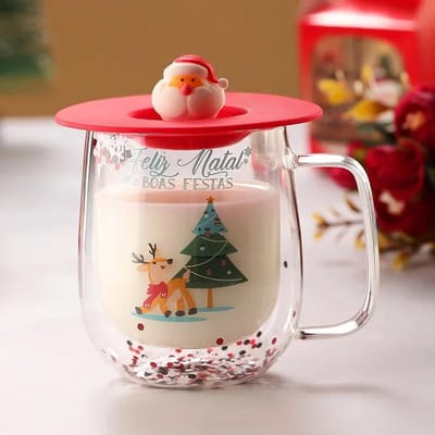 250ml Dubbelwandige Geïsoleerde Glazen Beker Kerstman Kerstboom Glas Koffiemok Melk Sap Bekers met Deksel en Handvat Kerstcadeau 250ML red