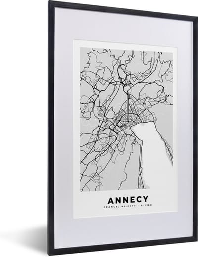 Fotolijst incl. Poster - Annecy – Plattegrond - Frankrijk – Kaart – Stadskaart - 40x60 cm - Posterlijst