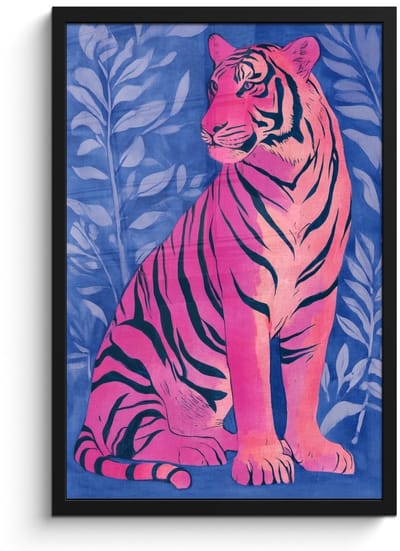 Poster in lijst - Fotolijst 40x60 cm - Posters - Tijger - Roze - Bladeren - Jungle - Posterlijst zwart - Decoratie - Wanddecoratie woonkamer - Muurdecoratie slaapkamer